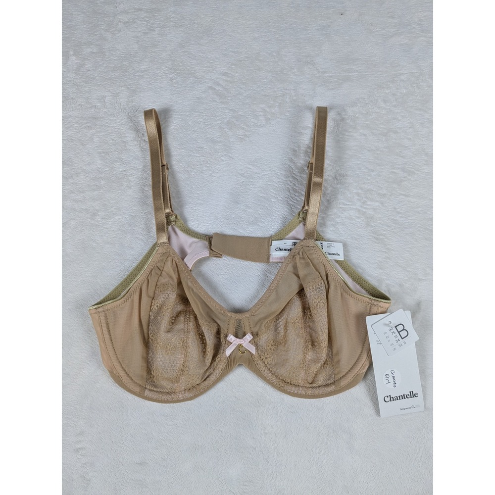 NWT Chantelle Bra Beige‎ Lace Bow Underwire Full Coverage Adjustable Straps 34B